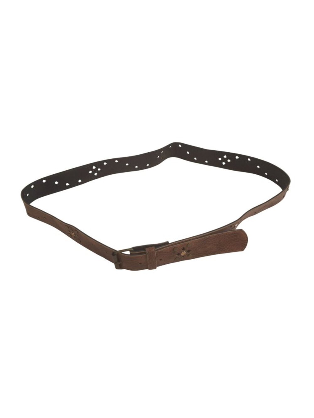 Brown Leather Belt 1X Floral Cutout Studded Brass Buckle Western Boho Plus